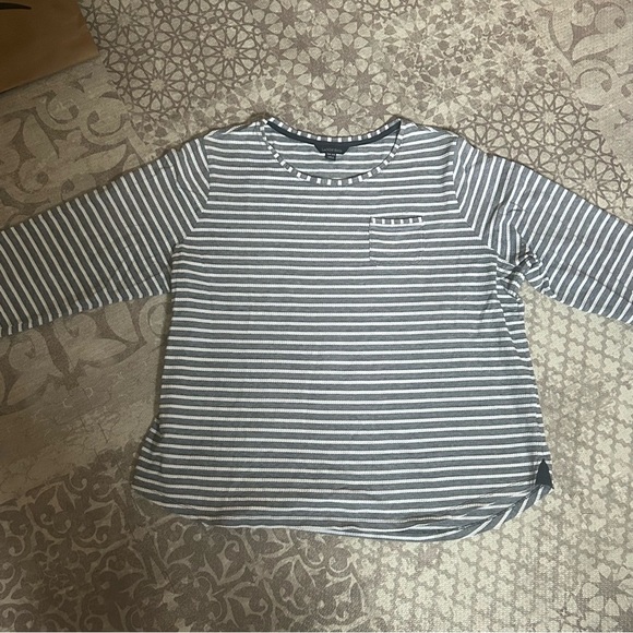 Lands End Women’s Nautical Boating Blue Stripe Textured Long Sleeve Top 1X - Picture 2 of 6